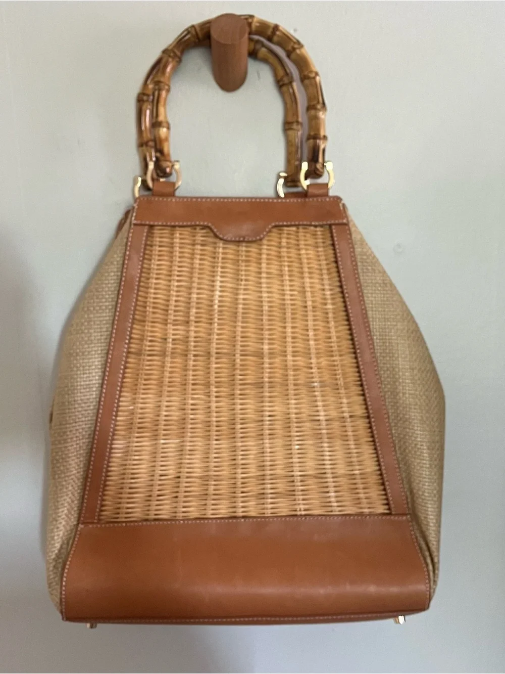 J. McLaughlin “Meeka” Bamboo, Wicker & Leather Tote Handbag Nantucket Style Bag - Picture 3 of 10